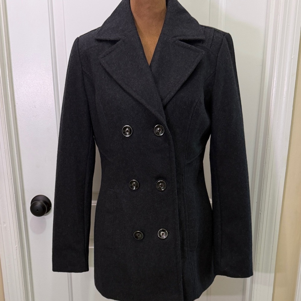 INC International Concepts Classic Double Breasted Charcoal Grey /Black Pea Coat